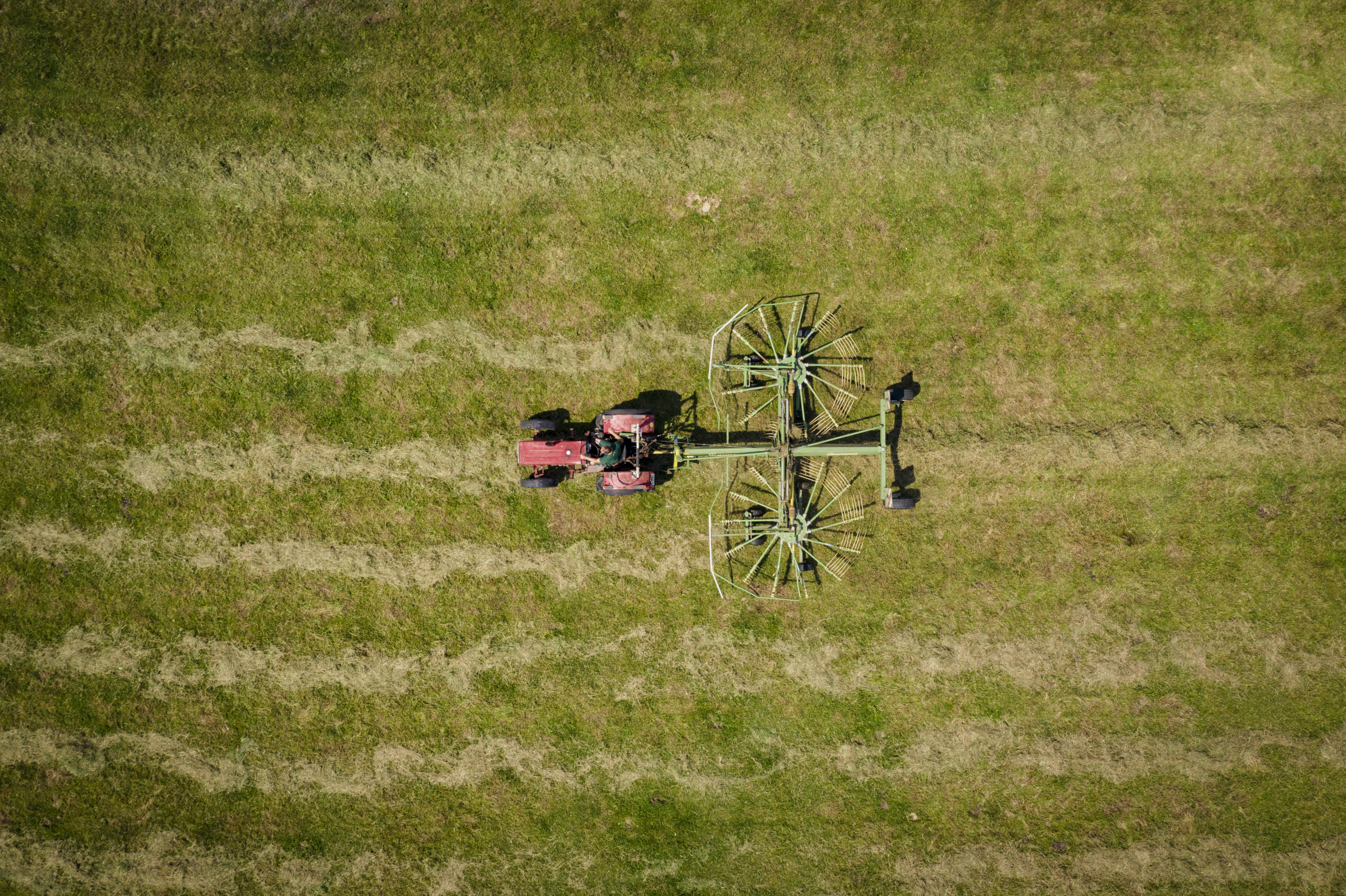 Luftbild Traktor mit Heuwender